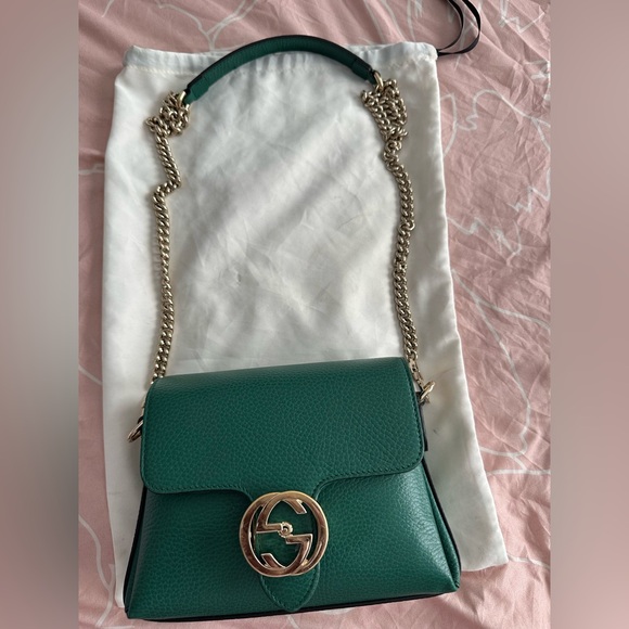 Gucci Handbags - Gucci Green Leather Shoulder Bag with Gold Chain